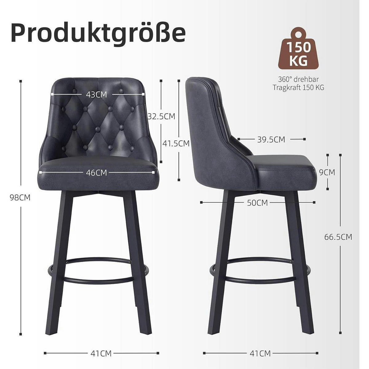 BARHOCKER 2er-Set PU-Leder Schwarz 66,5 cm - Schwarz, Kunststoff (46/98/50cm)