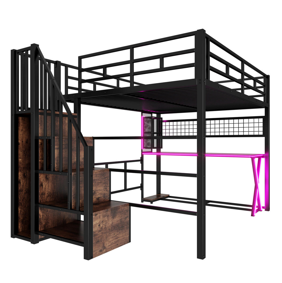 HOCHBETT aus Metall und MDF 160x200 cm Schwarz mit Schreibtisch, Kleiderschrank und LED-Beleuchtung - Schwarz, Holzwerkstoff (160/200cm) - Modfu