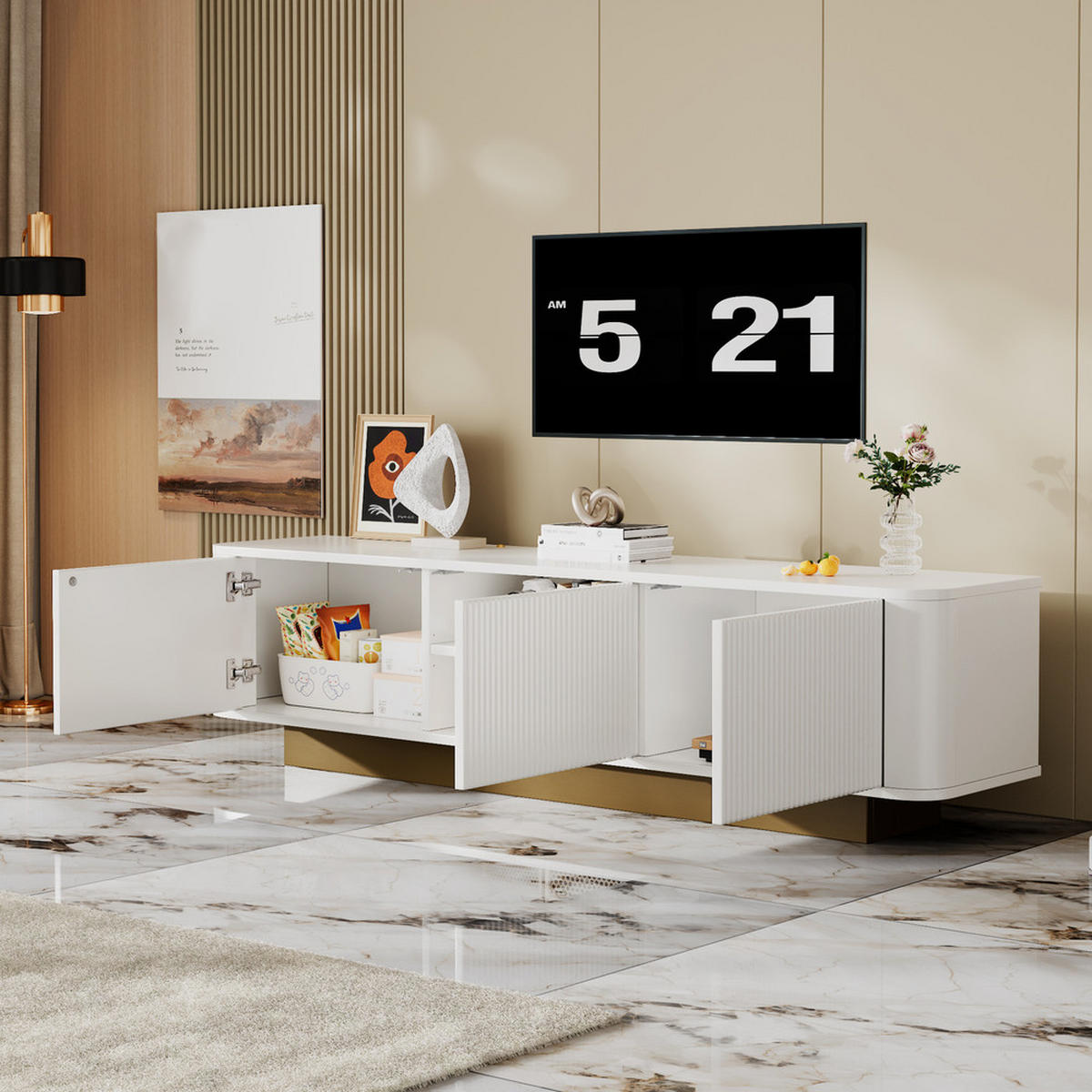 TV-SCHRANK Modern Lowboard Stauraum abgerundetes Design Weiß MDF - Weiß, Holz (43.69/16.76/80.01cm) - FLIEKS