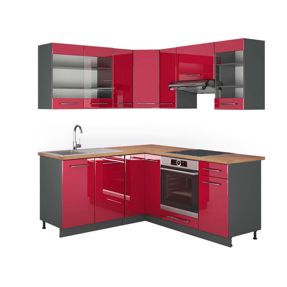 ECKKÜCHE Fame-Line Bordeaux Hochglanz/Anthrazit 160 x 190 cm, AP Eiche - Bordeaux/Anthrazit, Holzwerkstoff (190/81.6/60cm) - Vicco