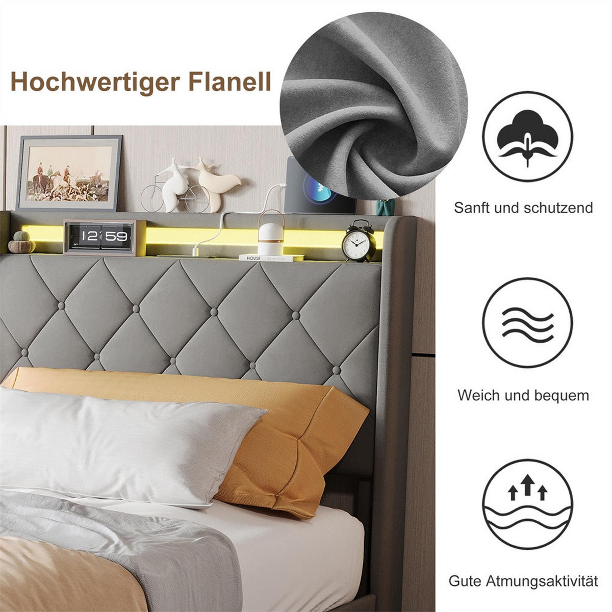 POLSTERBETT 90x200 cm mit 2 Schubladen & LED-Beleuchtung - USB-Anschlüsse - ohne Matratze - Grau - Grau, Textil (90/200cm) - DELFA