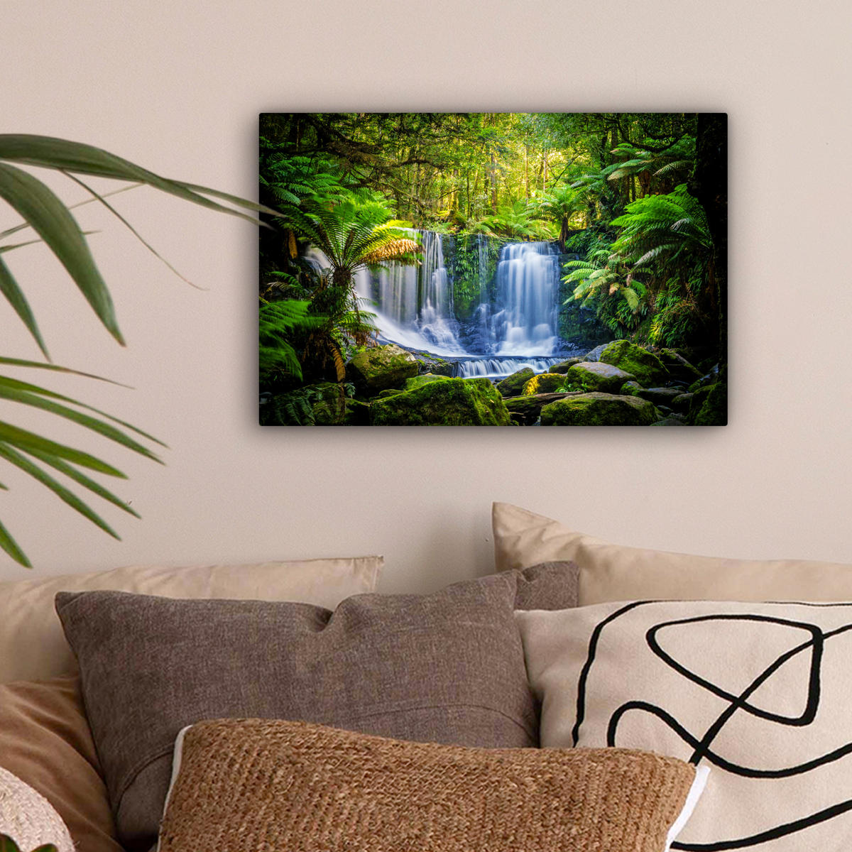 LEINWANDBILD Dschungel - Wasserfall - Australien - Pflanzen - Natur Deko Schlafzimmer 30x20 cm - Dunkelgrün, Textil (30/20cm) - MuchoWow