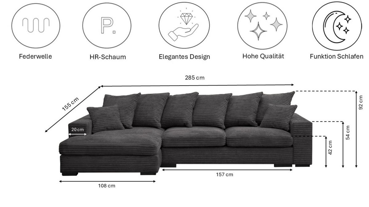 ECKSOFA Mit Schlaffunktion Und Bettkasten Couch L-form Gabon Stoff Zoom Graphit Links - Graphitfarben, Holz (155/285cm) - Kaiser Möbel