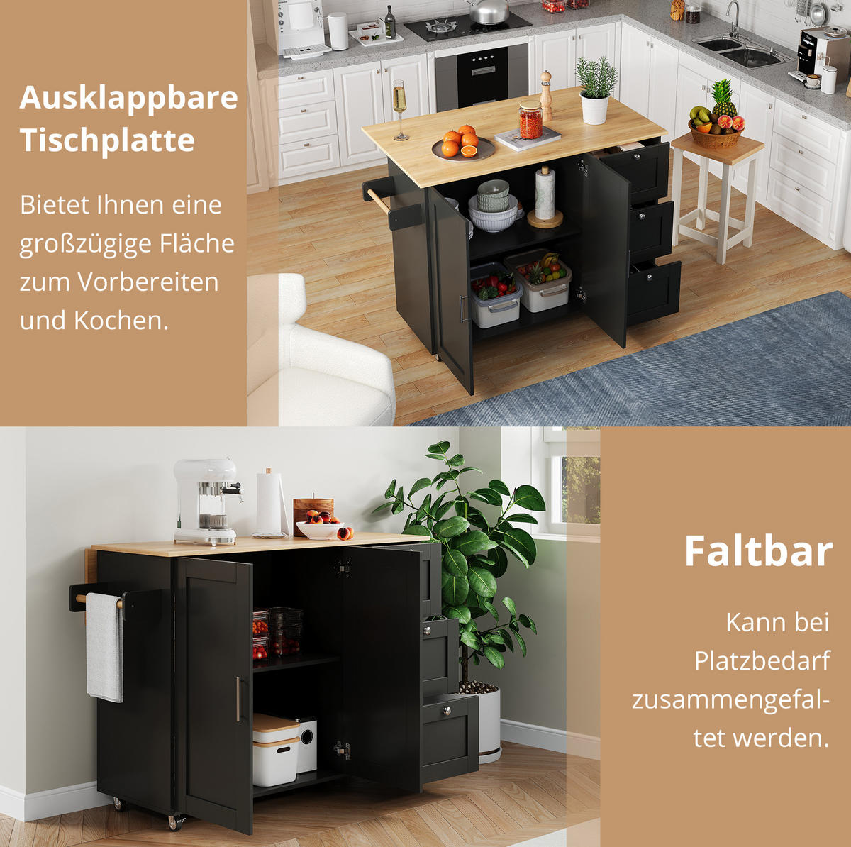 KÜCHENINSEL 135/90/44(70) cm Schwarz/Natur aus MDF mit klappbarer Arbeitsplatte - Schwarz, Holzwerkstoff (44/90/135cm) - OKMYHOME
