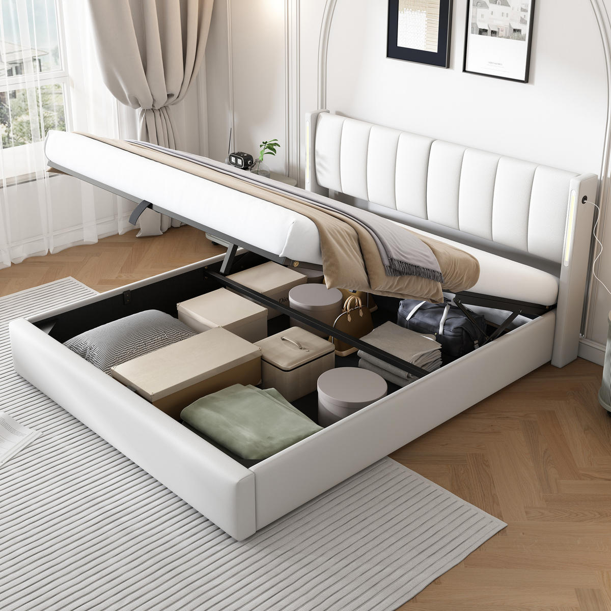 BETT mit Stauraum 140x200 cm PU Weiß mit LED - Weiß, Metall (140/200cm) - Meubliv