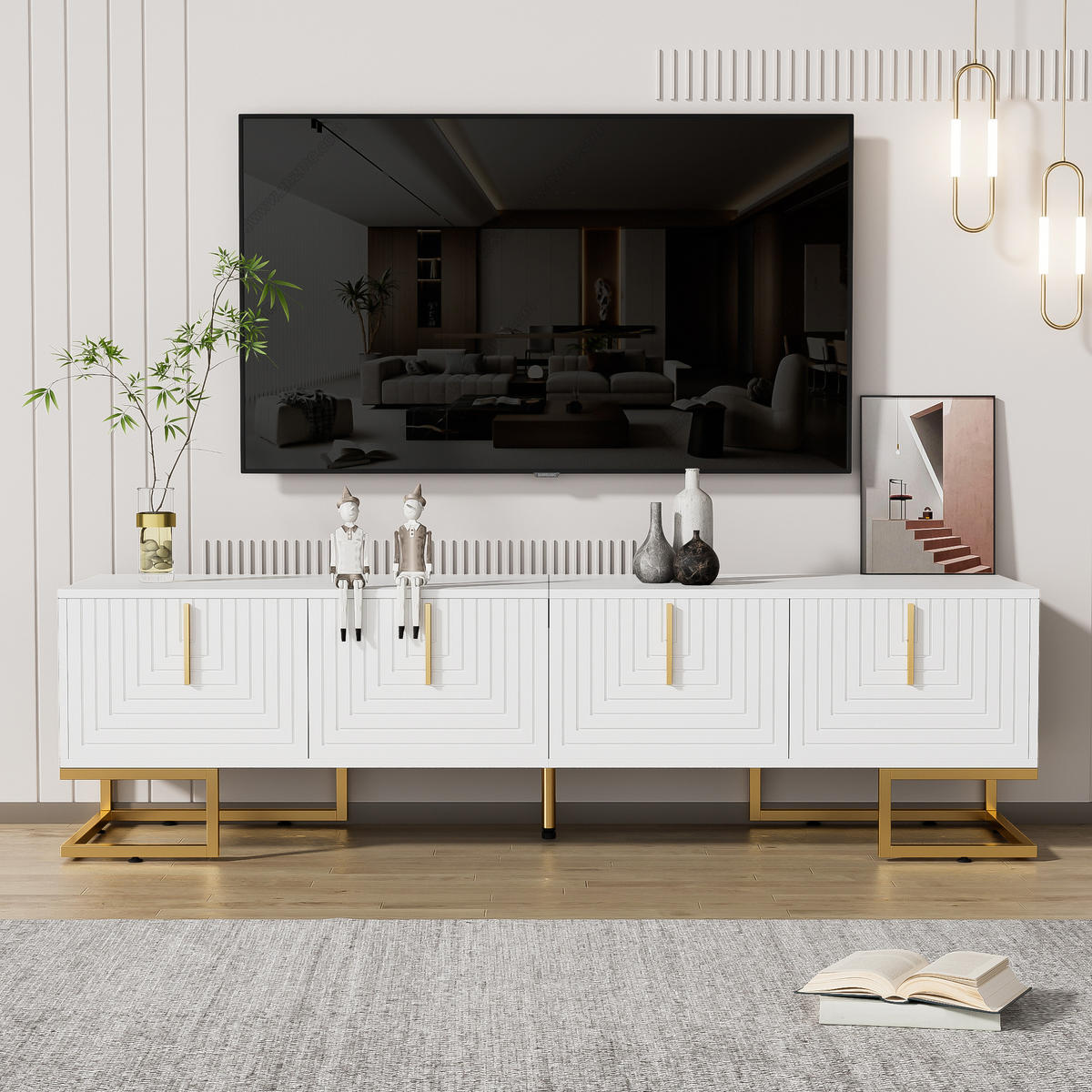TV-ELEMENT170CM weißLowboard mit strukturierter Tür und goldenen Füßen - Weiß, Holz (52.98/22.99/60.68cm) - Raelunyi