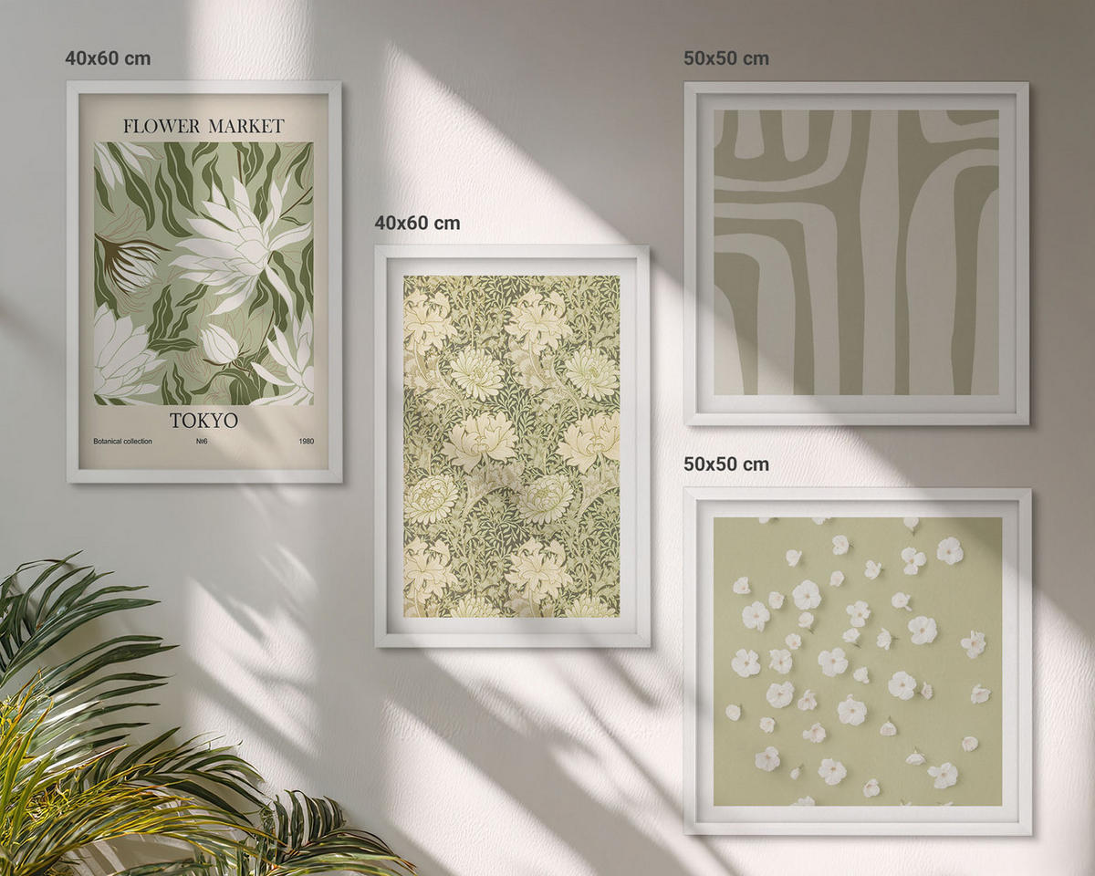 WANDBILDER 4er-Set - 50x50 cm & 40x60 cm Weißer Rahmen - Boho-Pflanzenkompositionen in Pastellfarben - Weiß, Kunststoff (50/50cm) - ArtPrintCave