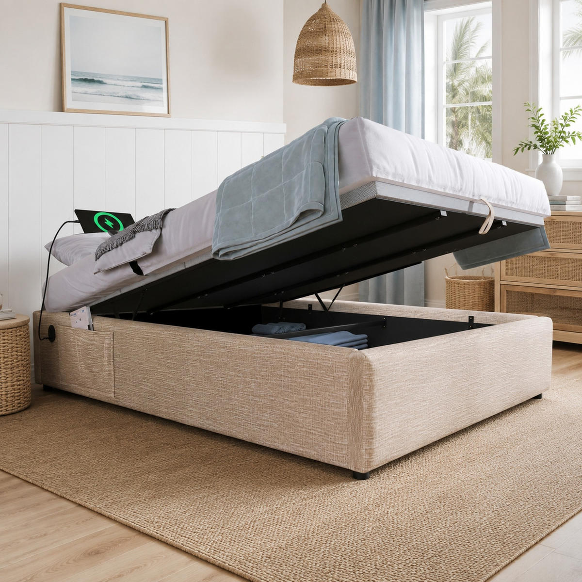 POLSTERBETT 160/200 mit Bettkasten und USB-C-Ladefunktion in Natur - Naturfarben, Holzwerkstoff/Textil (160/200cm) - EVRYAE
