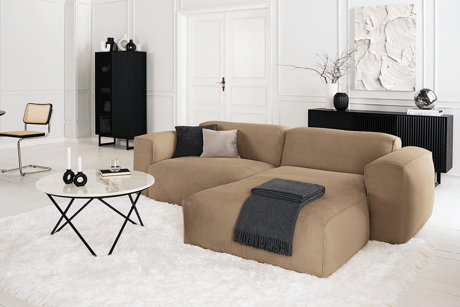 1,5-SITZER ECKSOFA mit Longchair - Taupe/Schwarz, Textil (260/173cm) - home24