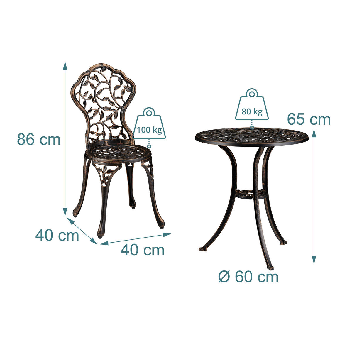 BALKONMÖBELSET Bronze Bistro 3-teilig Aluminium Tisch 65x60 cm 2 Stühle - Braun, Metall - Relaxdays