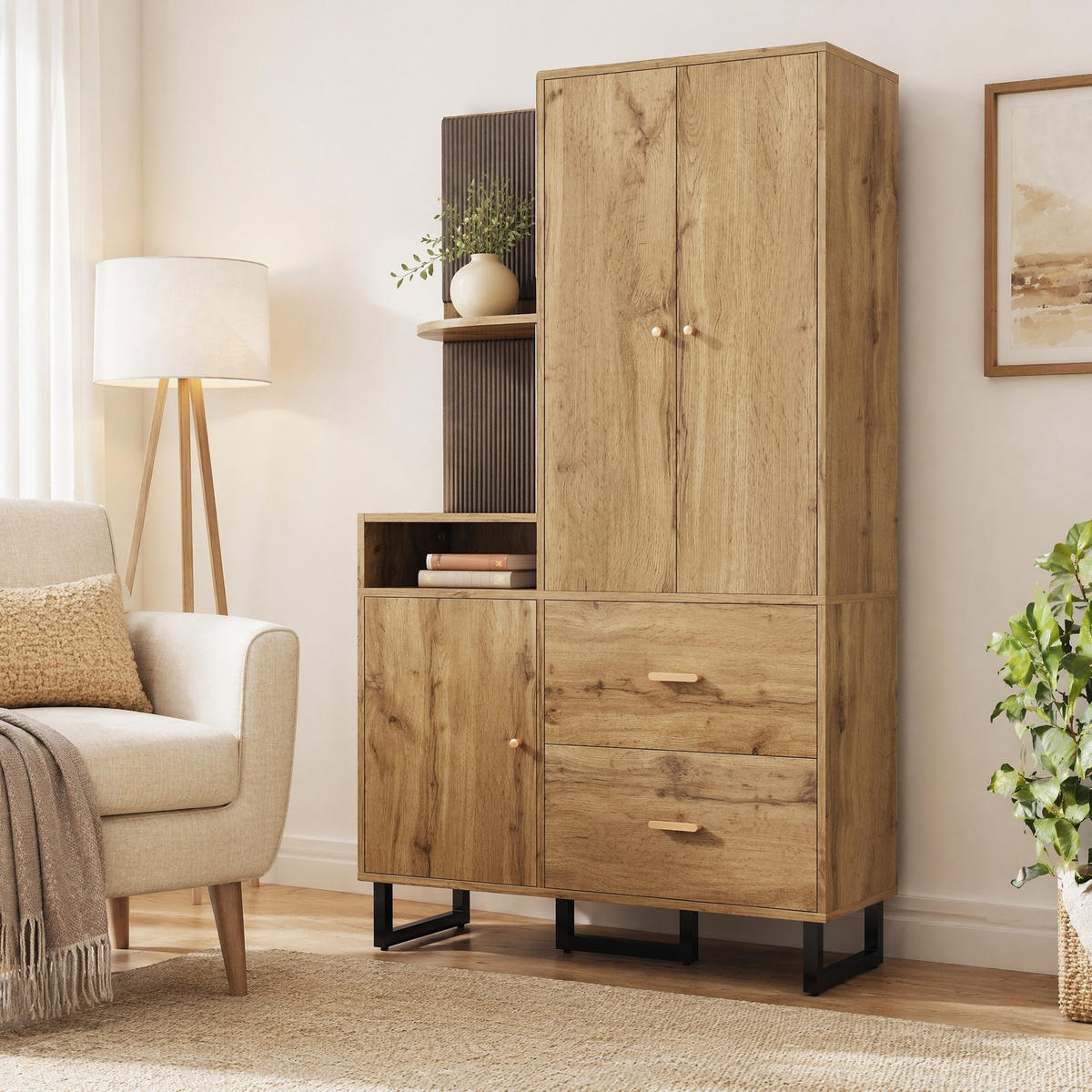 GARDEROBENSCHRANK in Naturfarben Garderobenschrank mit Schuhschrank und Schubladen für Flur, B110/T38/H186 cm - Schwarz/Naturfarben, Holzwerkstoff/Metall (110/186/38cm) - STILVORA