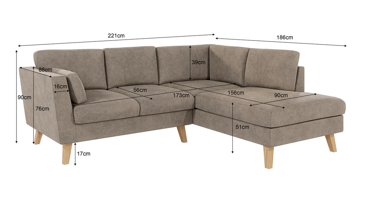 ECKSOFA Mario Dunkelbeige Microfaser - Beige/Naturfarben, Buchenholz/Textil (221/186cm) - S-Style Möbel