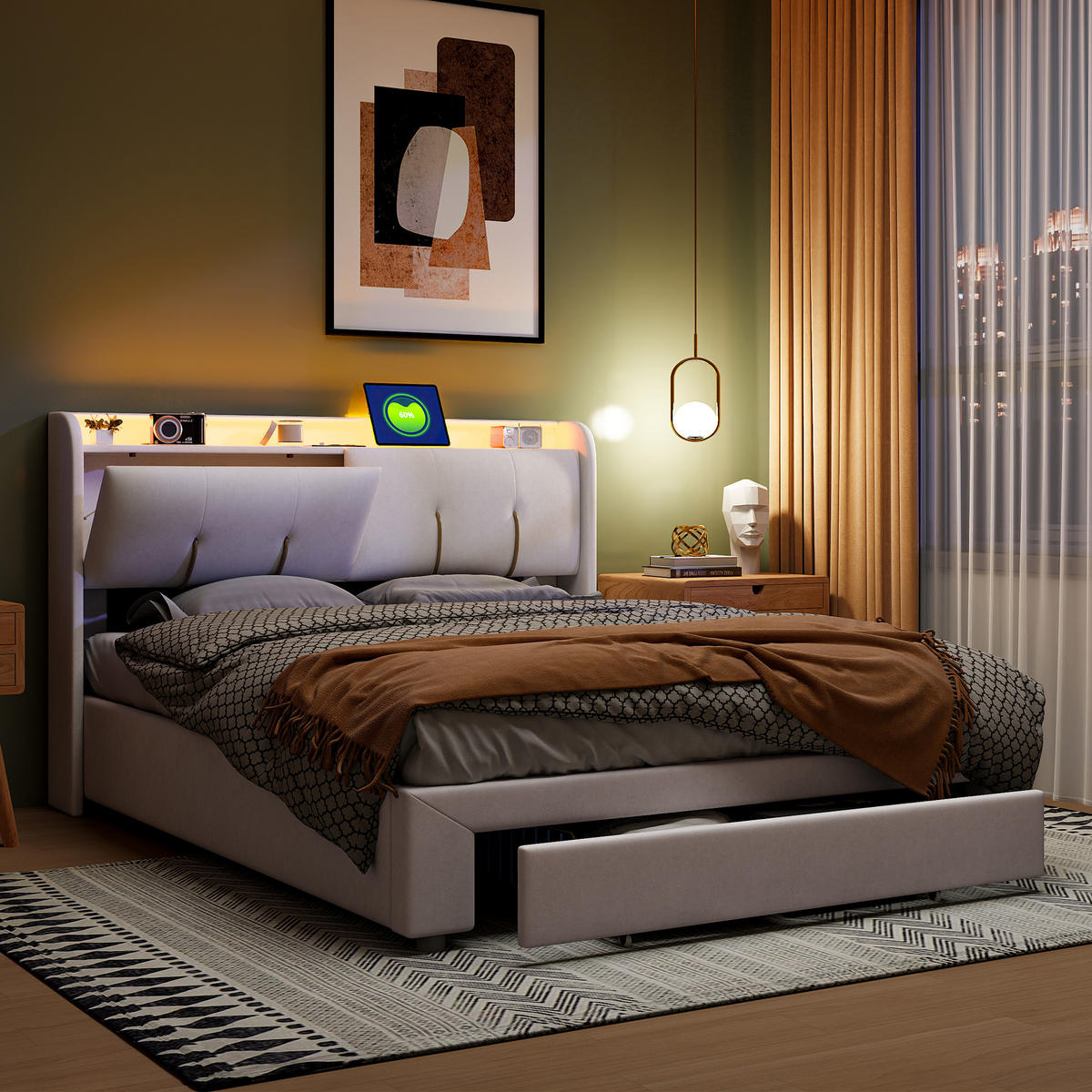 POLSTERBETT 140x200 cm Creme LED USB Schublade Kopfteil - Beige, Holz (140/200cm) - SHOPENTRA