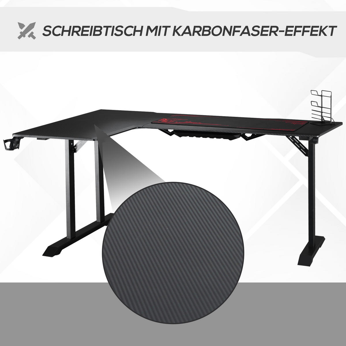 GAMING-TISCH, MDF, Eisen, Schwarz+Rot - Schwarz, Kunststoff (168/109/78cm) - HOMCOM