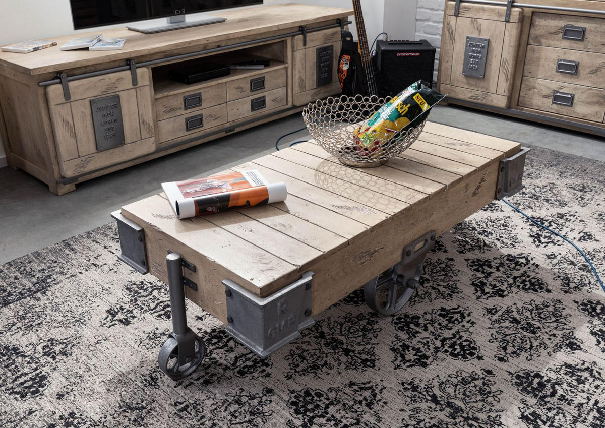 COUCHTISCH Mango 120x60x43 whitewash lackiert RAILWAY #360 - Beige, Holz (120/60/43cm) - Massivmoebel24