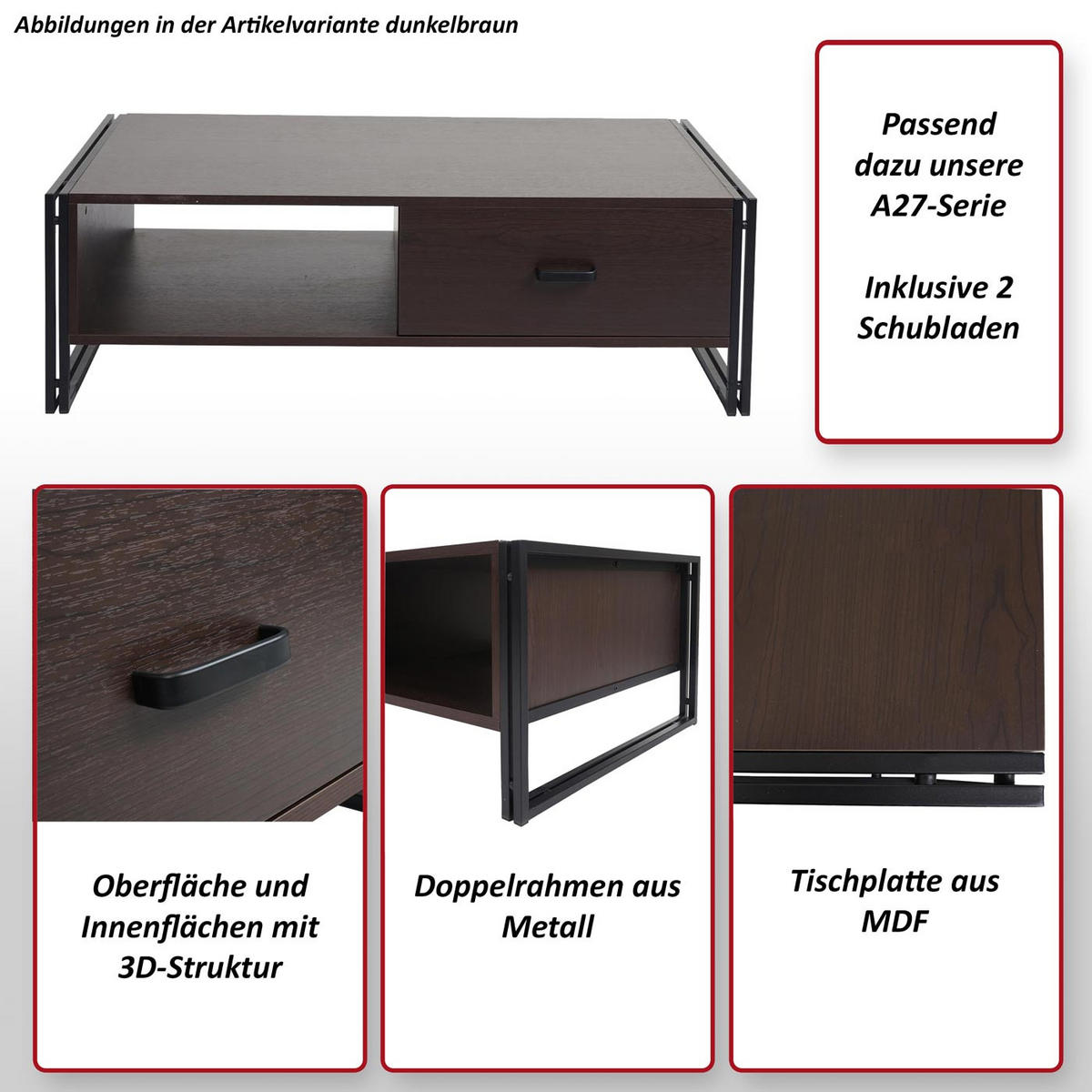 COUCHTISCH rechteck Dunkelbraun - Dunkelbraun, Holz (60/120/41cm) - MCW