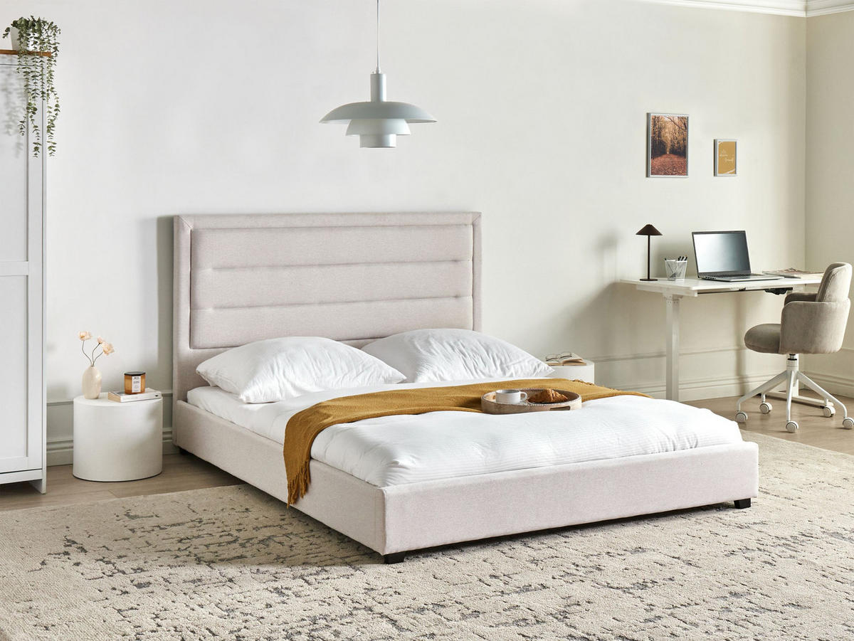 BETT mit Lattenrost 160/200 cm Hellbeige Rouen - Beige/Schwarz, Textil (160/200cm) - Beliani