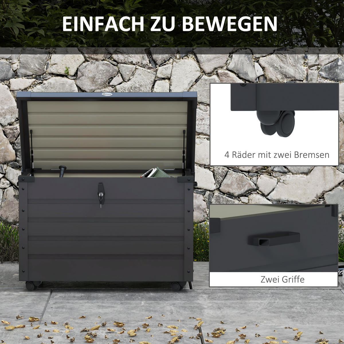 AUFBEWAHRUNGSKISTE mit Rollen mit Schloss, für Balkon, Terrasse, Stahl, Dunkelgrau - Dunkelgrau, Metall (62/65/100cm) - Outsunny