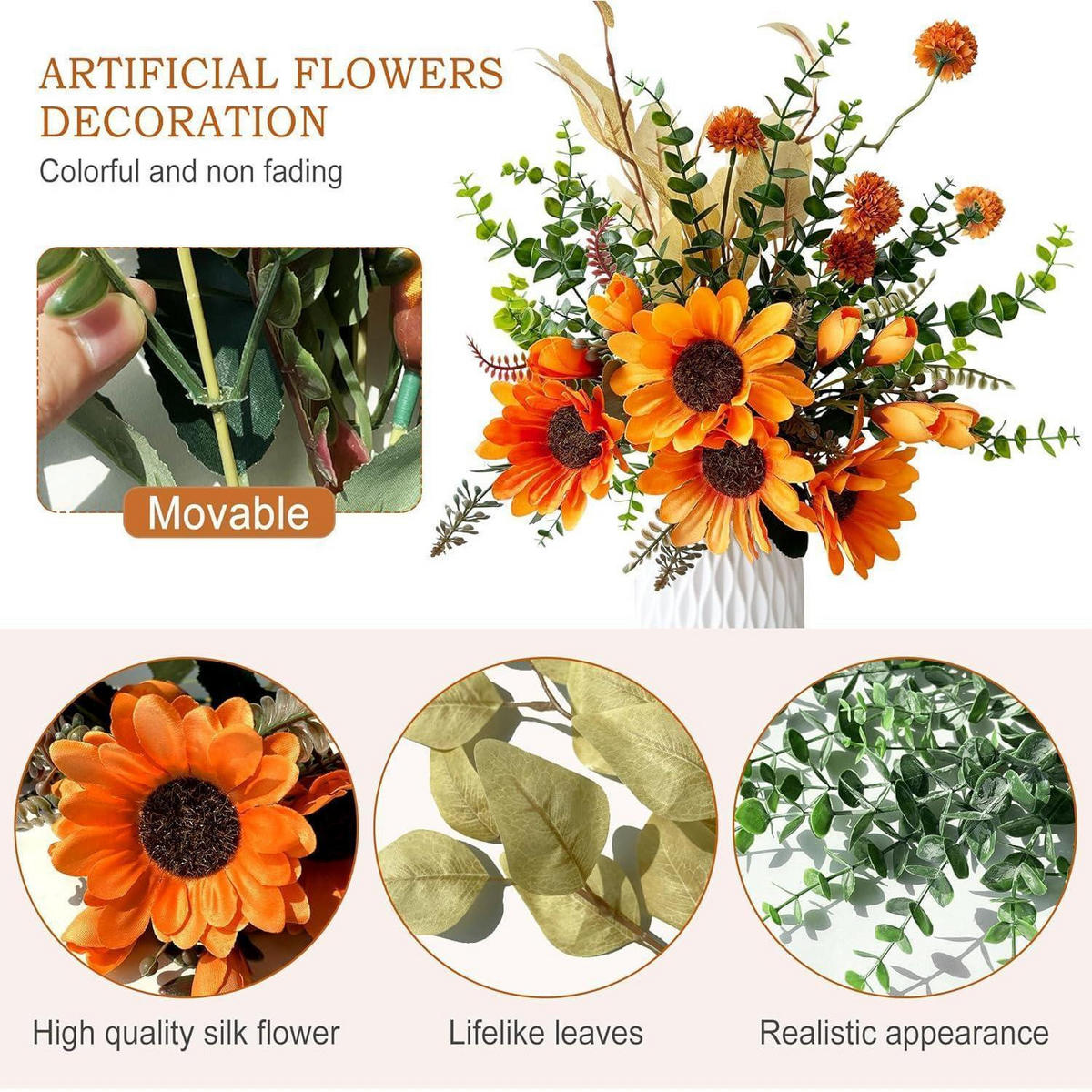 KUNSTBLUMENSTRAUSS Sonnenblumen Herbstdeko 32-46 cm Orange - Orange, Kunststoff (40cm)