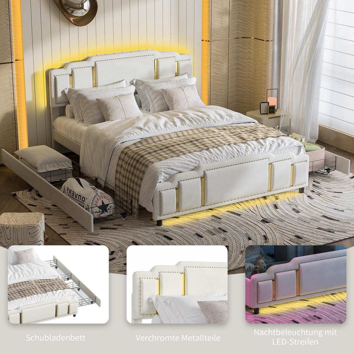 POLSTERBETT 160/200 cm Beige mit 2 Schubladen und LED-Ambientebeleuchtung - Beige, Textil (160/200cm) - Oxeza