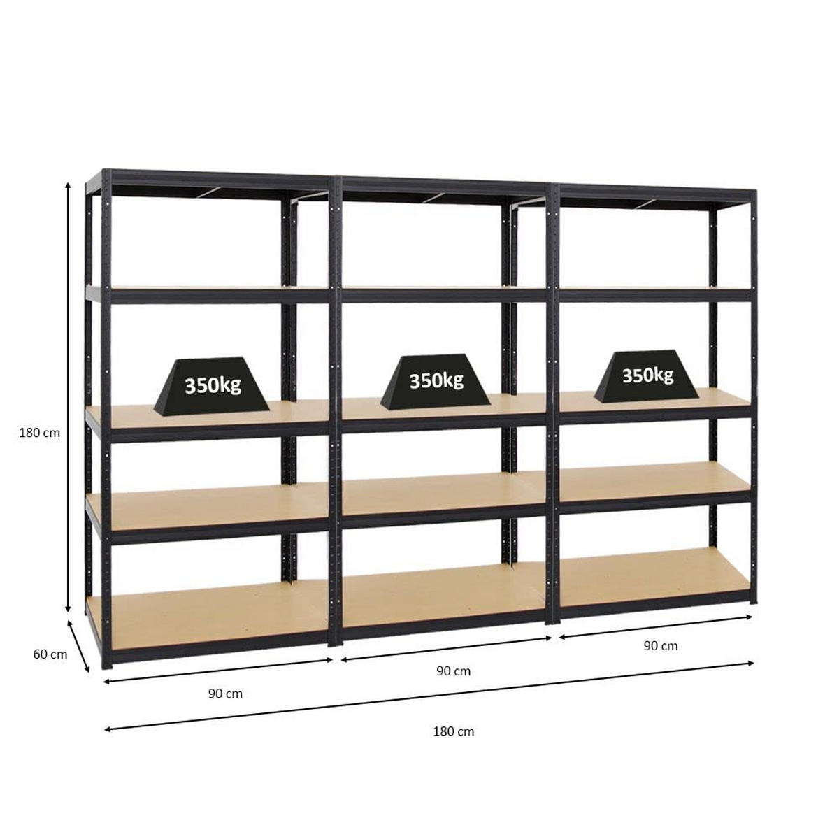 SCHWERLASTREGAL Slim Elephant M 3er-Set mit 3x 180x90x60 cm 5 Ebenen Fachlast 350 kg Schwarz - Schwarz, Metall (270/180/60cm) - PROREGAL