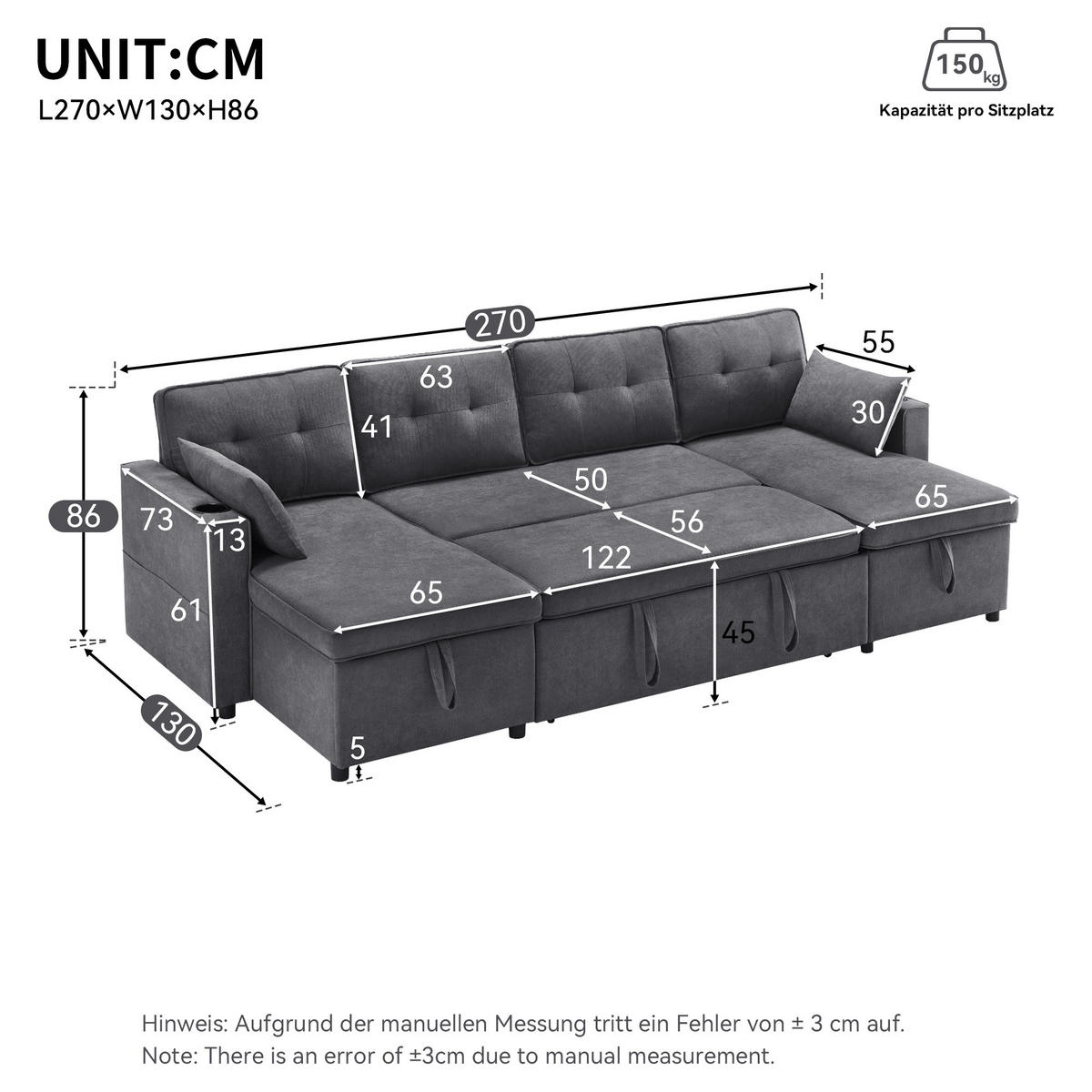 ECKSOFA U-Form Bettfunktion Baumwoll-Leinen Getränkehalter Stauraum Grau - Grau, Holz (123.01/19.71/65.51cm) - FLIEKS
