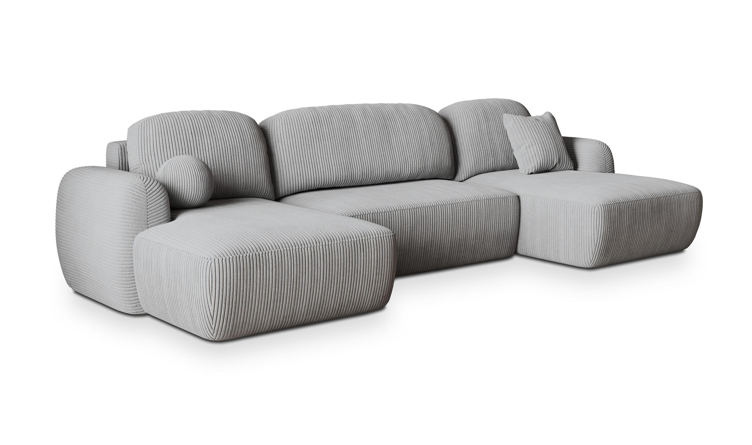WOHNLANDSCHAFT SAVONA P Hellgrau Kordstoff mit Schlaffunktion - Hellgrau, Holz (350/90/148cm) - MASSENO