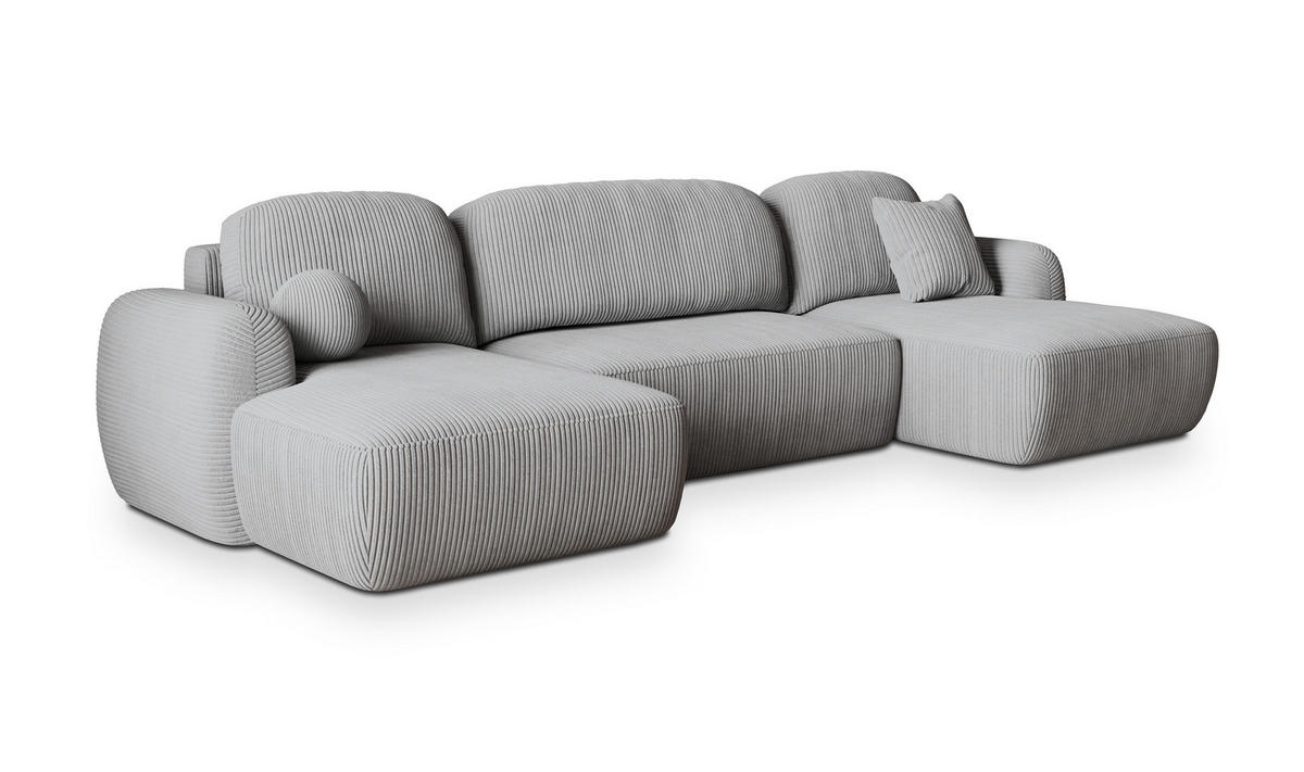 WOHNLANDSCHAFT SAVONA P Hellgrau Kordstoff mit Schlaffunktion - Hellgrau, Holz (350/90/148cm) - MASSENO