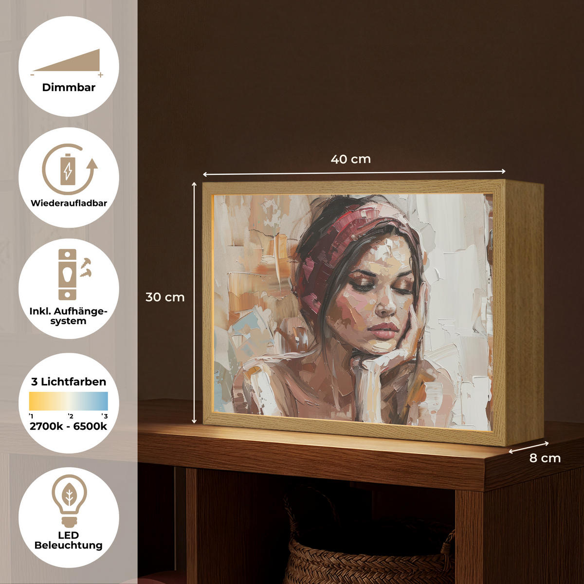 NÁSTĚNNÁ LAMPA S AKUMULÁTOREM Žena - vzhled malby - portrét - moderní 40x30 cm - hnědá, kompozitní dřevo (40/30/8cm) - OnlyWow
