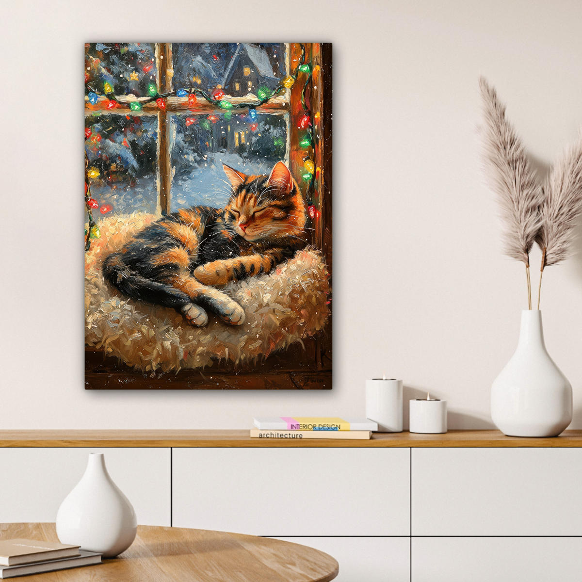 LEINWANDBILD Katze - Weihnachten - Winter - Tier Wandbild Wohnzimmer 60x80 cm - Bernsteinfarben, Textil (60/80cm) - MuchoWow