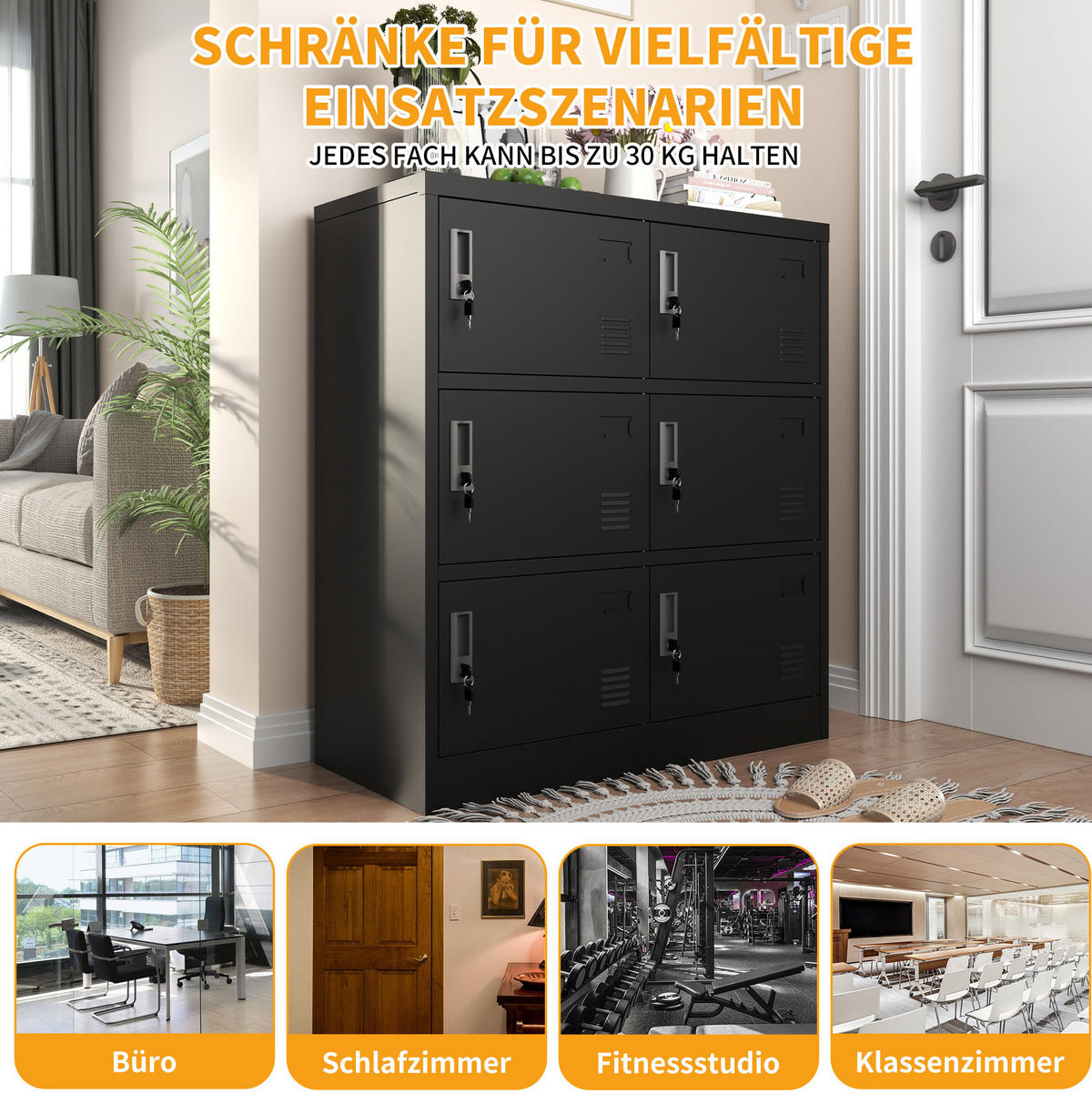 KOMMODE 90/40/100 cm in Schwarz mit 6 Türen und Schließfächern - Schwarz, Metall (40/100/90cm) - Flora Grace