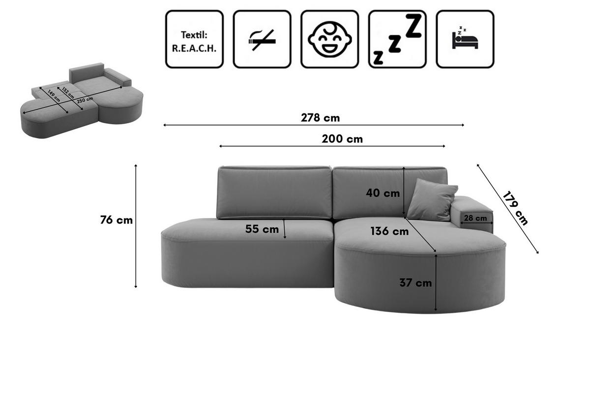 ECKSOFA Modena Pro - Komfort Und Stil Stoff Salvador Anthrazit Rechts - Anthrazit, Holz (278/179cm) - Kaiser Möbel