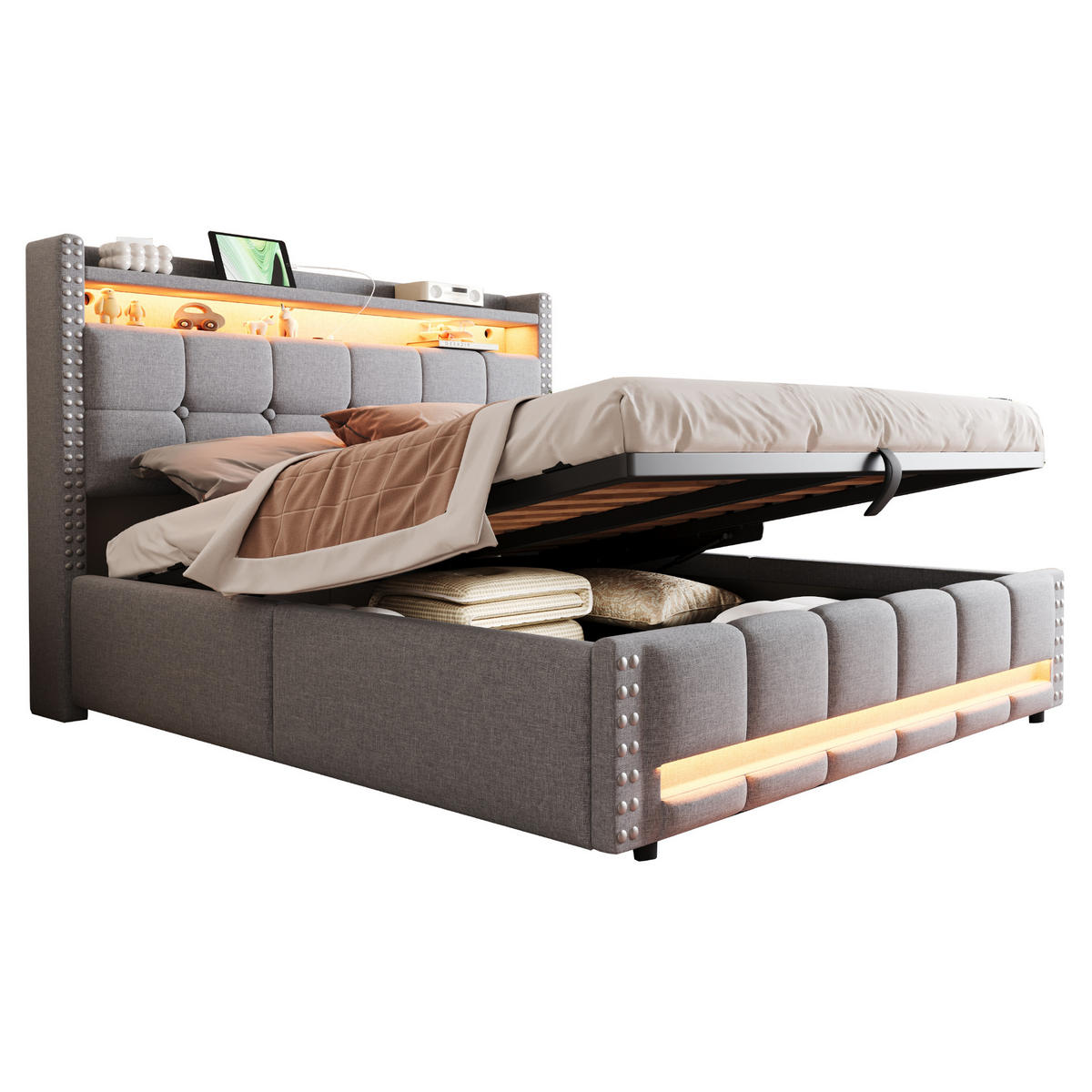 POLSTERBETT 160/200 cm hellgrau mit LED-Beleuchtung und USB-Steckdose - Hellgrau, Textil (160/200cm) - OKWISH