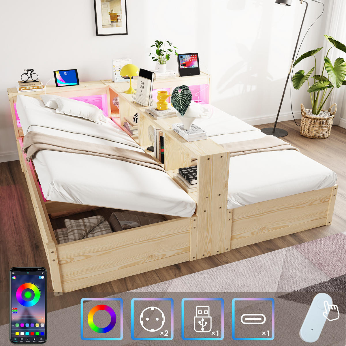 SCHLAFSOFA 90x200cm LED Stauraum Steckdose Holzbett Holz - Naturfarben, Holzwerkstoff (180/200cm) - FLIEKS