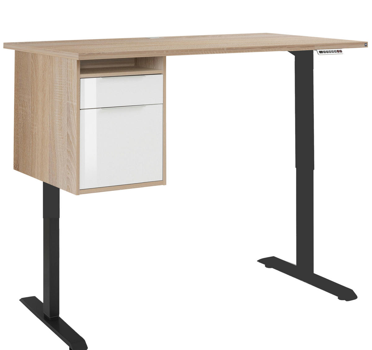 SCHREIBTISCH mit Hängecontainer Anthrazit, Eiche Sonoma und Weiß 150x80cm, elektrisch höhenverstellbar – von MAJA Möbel – Container links - Schwarz, Holzwerkstoff (80/150/70.5cm)