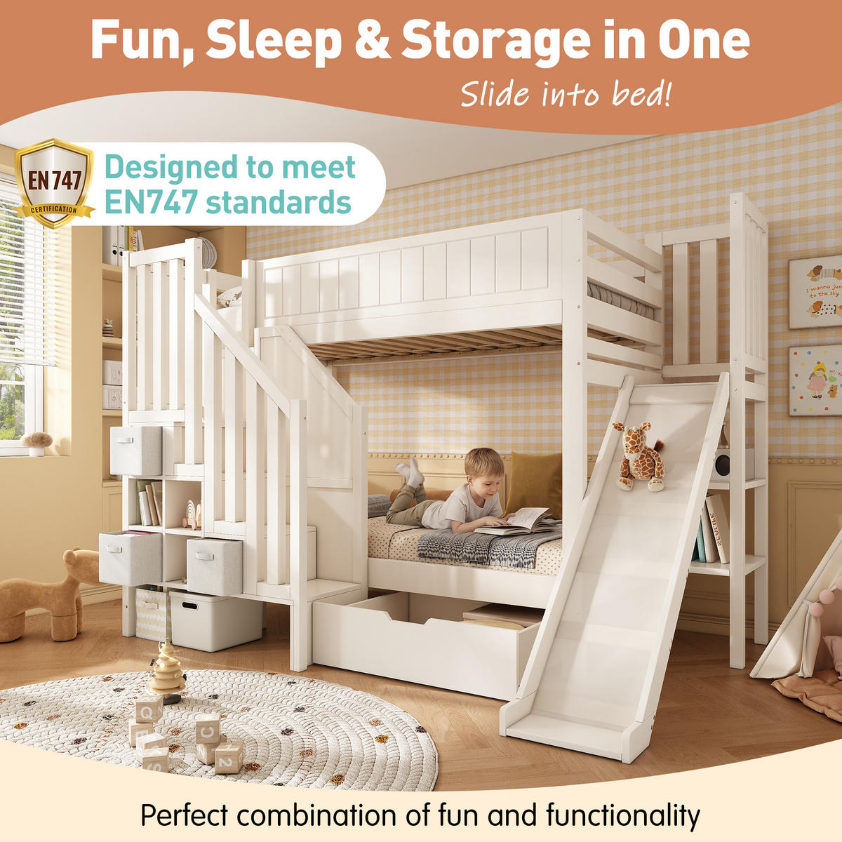 ETAGENBETT 90/200 cm & 90/200 cm in Weiß Kinderbett mit Rutsche, 3 Schubladen und Regal - Weiß, Holz/Holzwerkstoff (90/200cm) - STILVORA