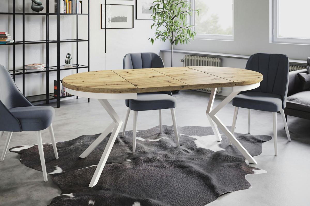 ESSZIMMERTISCH BERGO, ausziehbarer Tisch 90 cm/170 cm, Farbe: Mattbraun, mit Metallbeinen in Farbe Weiß - Hellbraun/Weiß, Holzwerkstoff (90/90/76cm) - Alpi-Möbel