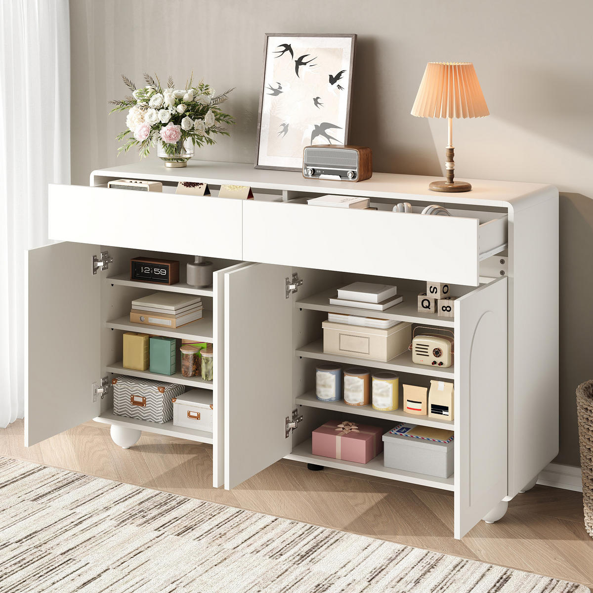 SIDEBOARD in Weiß Aufbewahrungsschrank mit Schubladen, 140 B x38 T x 89 H(cm), fürs Wohn & Schlaf - Weiß, Holzwerkstoff (140/89/38cm) - STILVORA