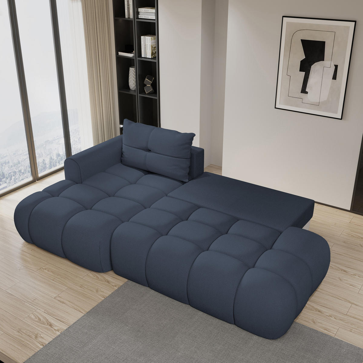 ECKSOFA FLUMA L-S Blau Geflochtener Stoff mit Schlaffunktion - Blau, Holz (274/165cm) - MASSENO