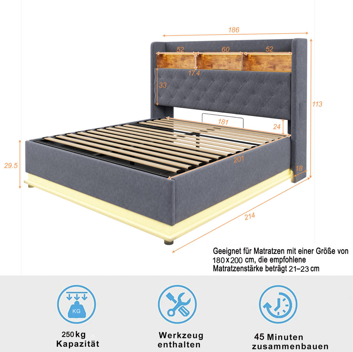 POLSTERBETT mit LED und Stauraum 180x200 cm Grau - Grau, Metall (180/200cm) - Meubliv