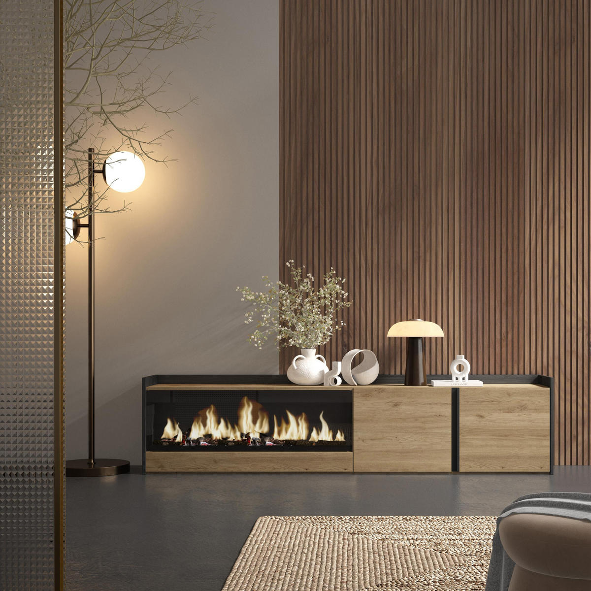 LOWBOARD, Eiche und Schwarz, 212/35/50cm, Kamin mit Feuereffekt XXL - Eichefarben, Holzwerkstoff (212/50/35cm) - Skraut Home