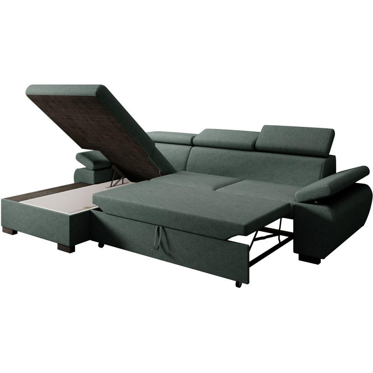 ECKSCHLAFSOFA Coco mit verstellbare Kopfstützen, dunkelgrün, links - Dunkelgrün, Textil (273/191cm) - Beautysofa