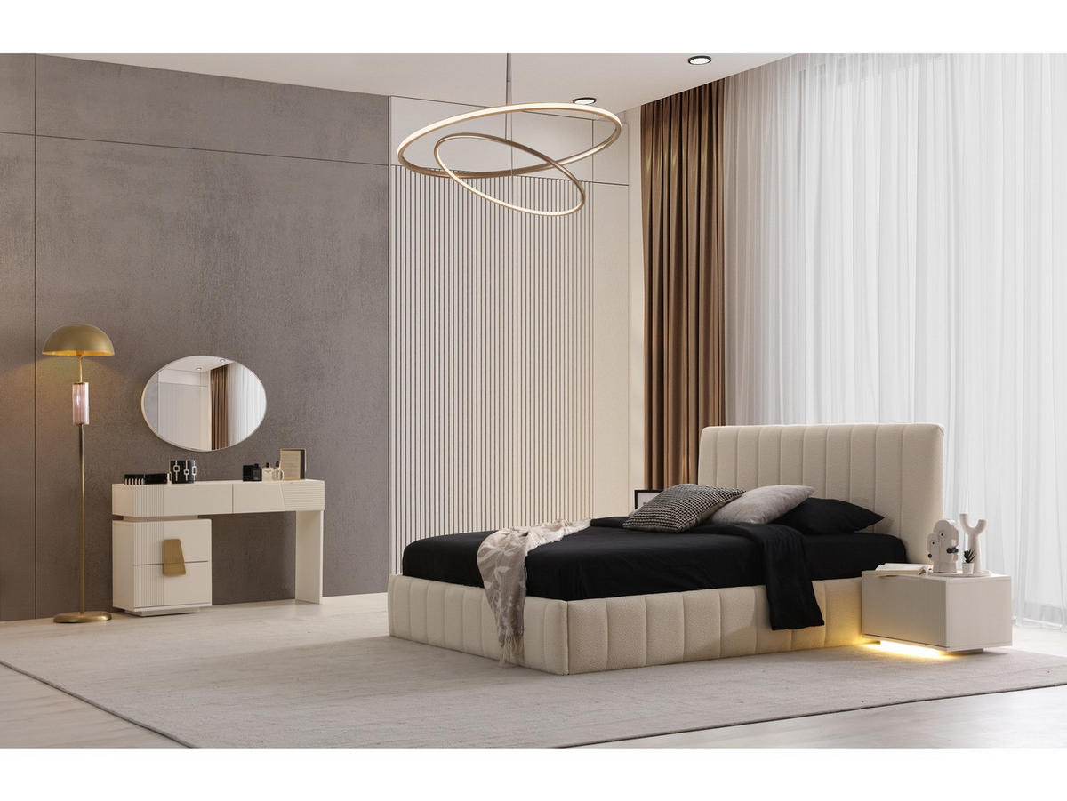 BETTANLAGE Velteria Typ-2 Bett mit Kopfteil 2 Nachttischen und Kommode - Creme, Holzwerkstoff (160/200cm)