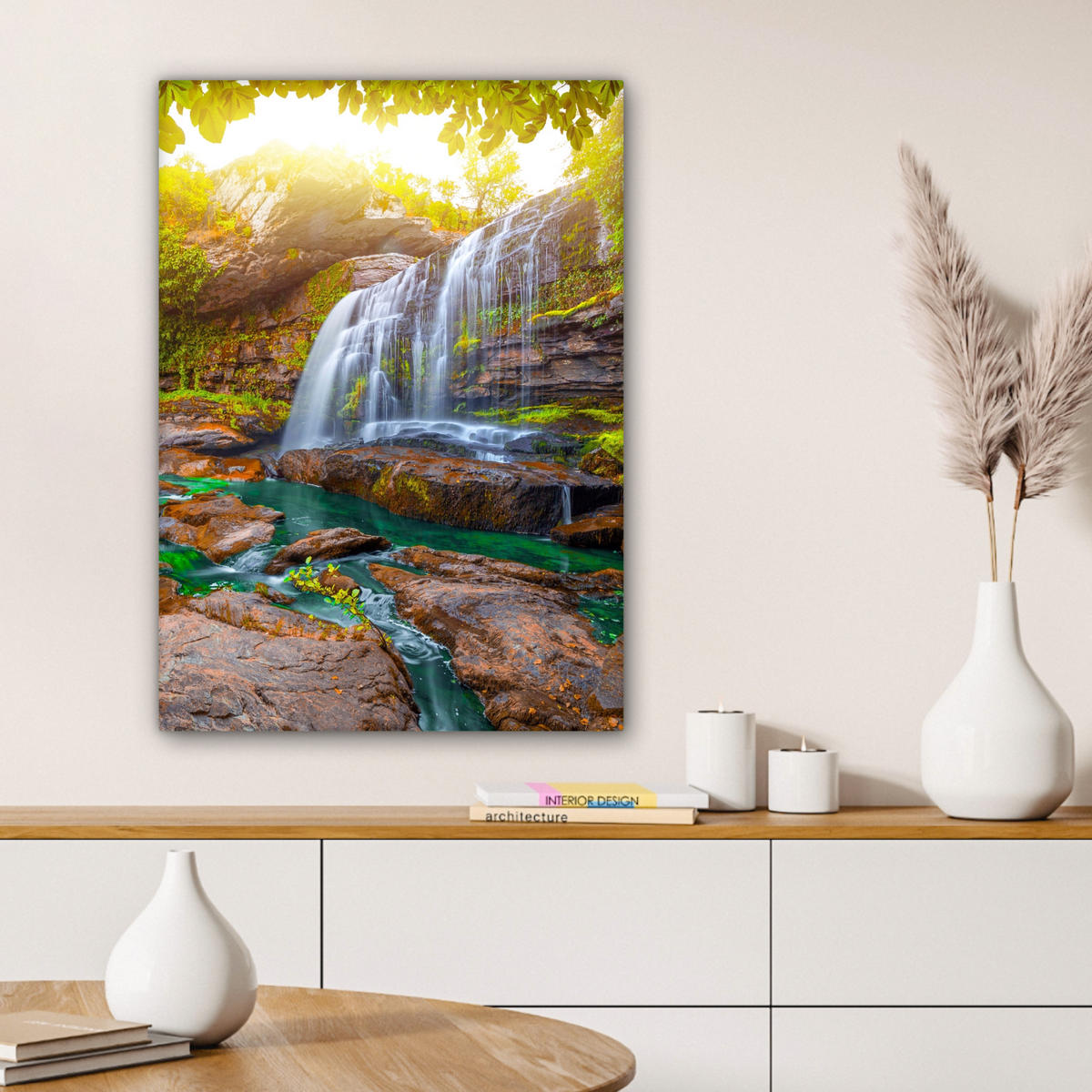 LEINWANDBILD Natur - Wasserfall - Pflanzen - Bäume - Sonne Wandbild Wohnzimmer 60x80 cm - Olivgrün, Textil (60/80cm) - MuchoWow