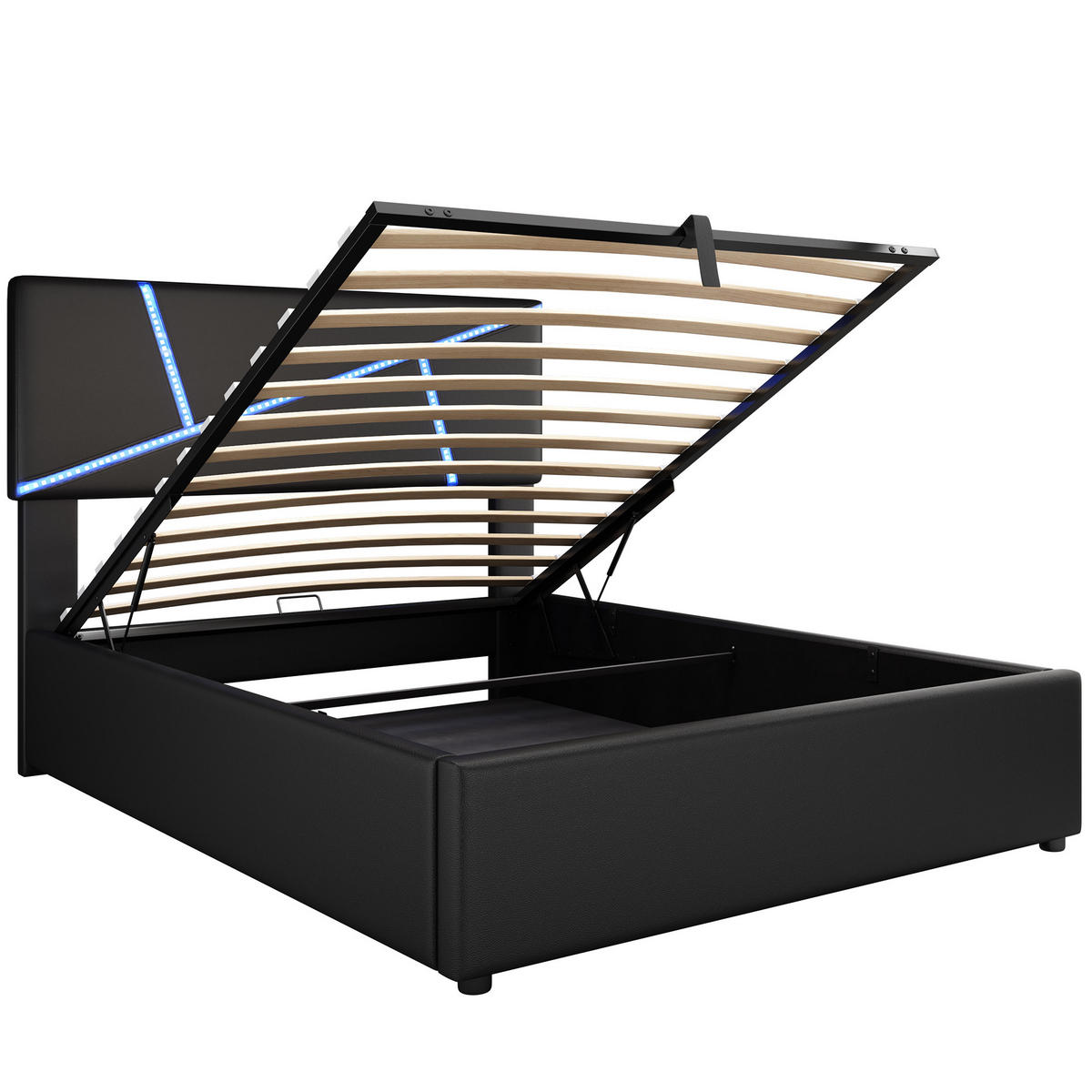 POLSTERBETT mit Stauraum und LED 90x200 cm PU Schwarz - Schwarz, Metall (90/200cm) - Meubliv