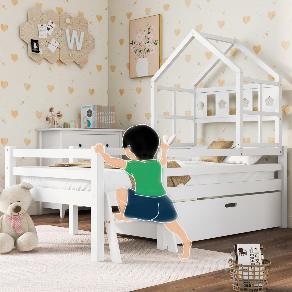 HAUSBETT 90/200 cm Weiß aus Massivholz mit Schublade - Weiß, Holz (90/200cm) - OKMYHOME