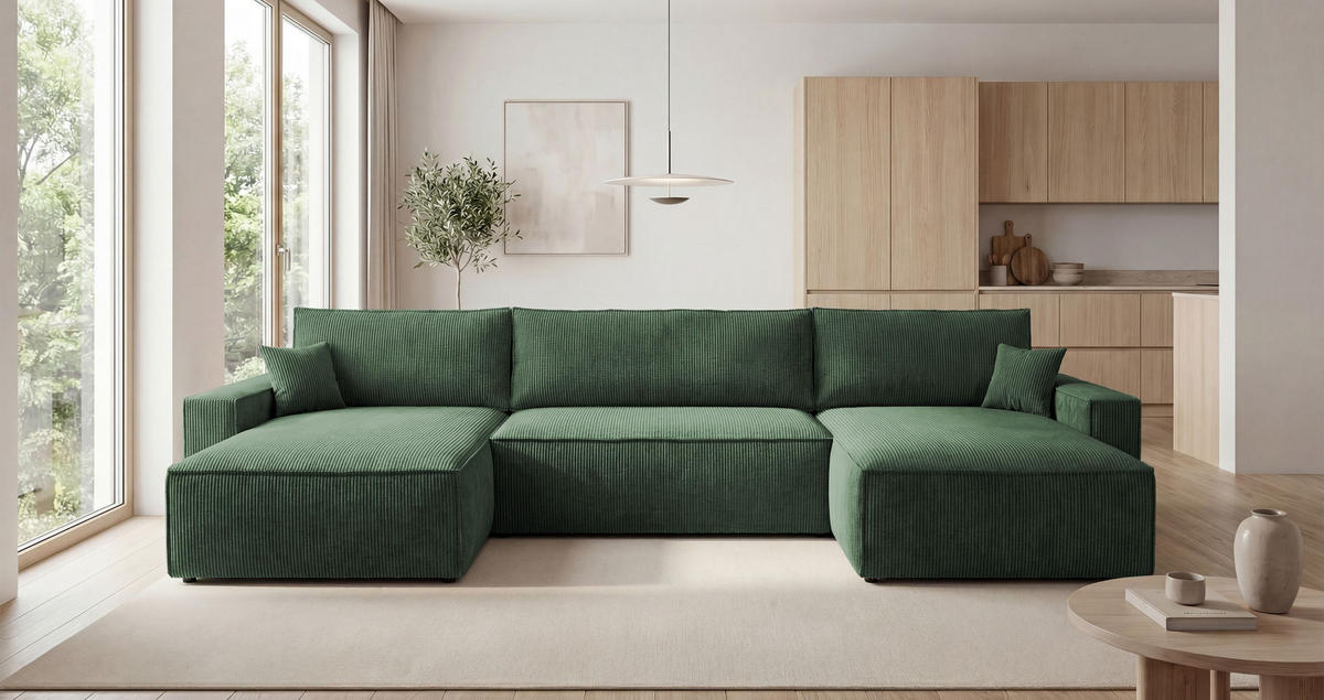SEDACÍ souprava VIENNA tvar U zelená manšestr Poso 14 - funkce spaní, úložný prostor - zelená barva, textil (385/86/185cm) - Cornero