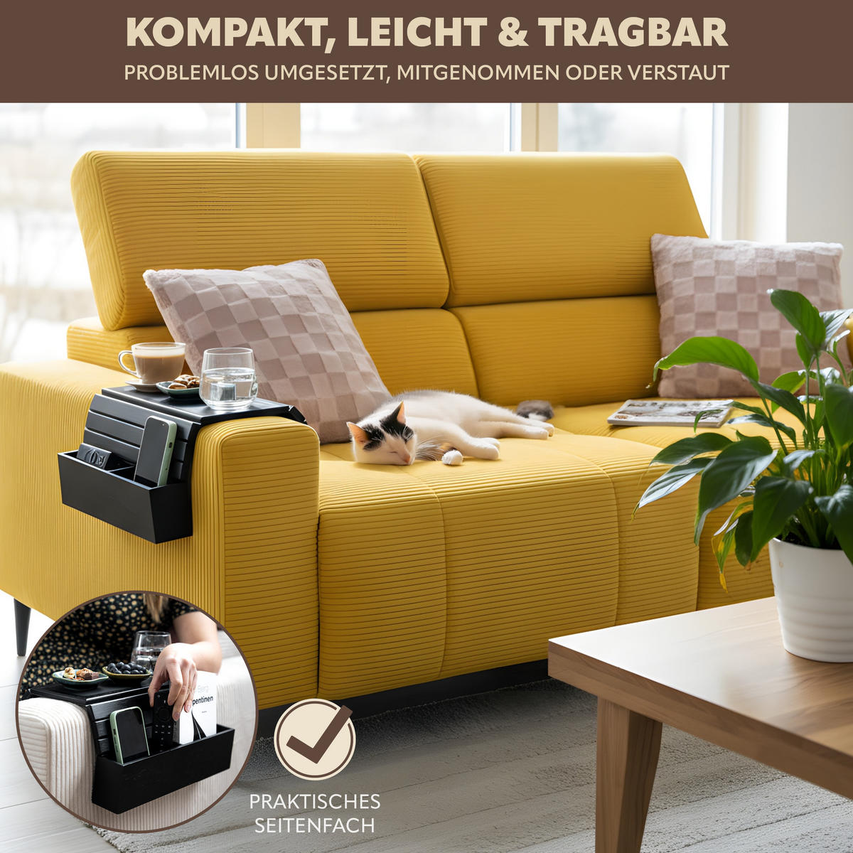 ARMLEHNEN-SOFATABLETT mit seitlichen Fächern, rutschfeste Silikonablage, Bambus, schwarz - Schwarz, Naturmaterialien (47/6/34cm) - eluno