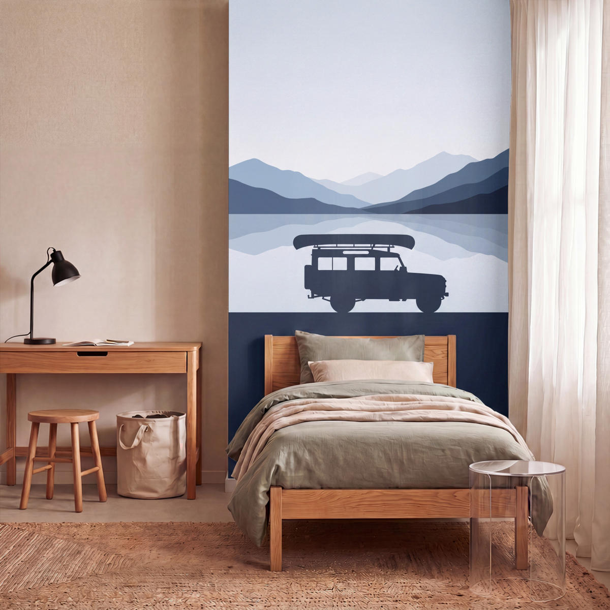 KINDERTAPETE - Auto - See - Berge - Blau - 120x200 cm - Blaugrau, Papier (120/200cm) - OnlyWow