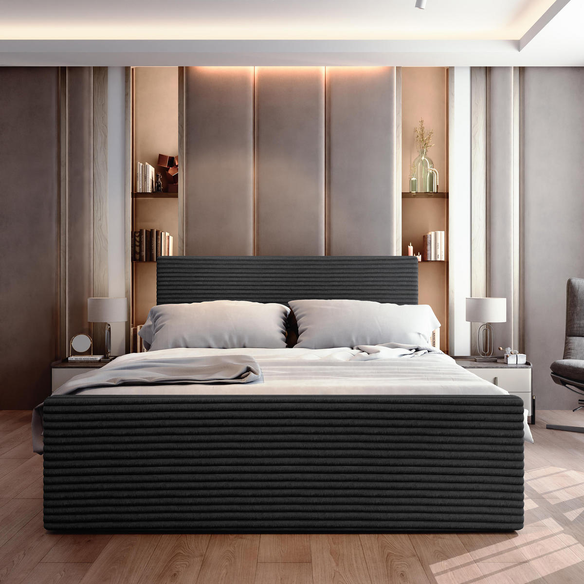 BOXBETT BRENTO 160x200 cm mit Matratze und Topper - Schwarz - Schwarz, Holz (160/200cm) - MASSENO